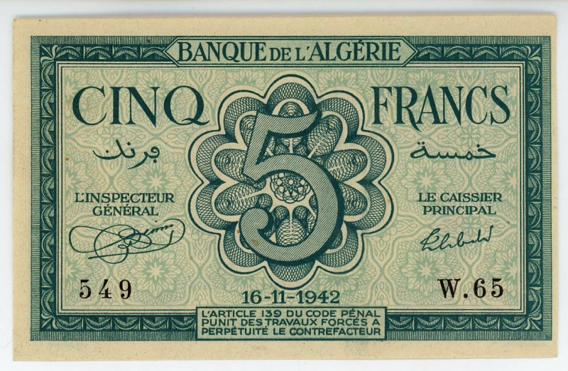 Algeria 5 Francs 1942
P# 91, N# 206297; # W.65 549; UNC