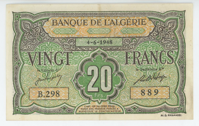 Algeria 20 Francs 1948
P# 103, N# 238484; # B.298 889; French Administration; V...