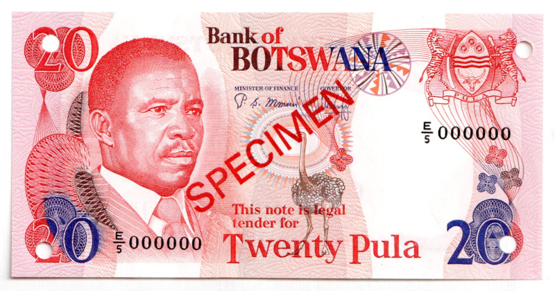 Botswana 20 Pula 1982 (ND) Specimen
P# 10s, N# 257678; # E/5 000000; UNC