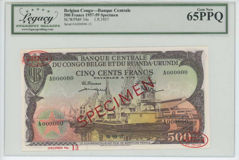 Congo 500 Francs 1957 Specimen Legacy 65 PPQ Gem New
P# 34s, N# 259286; # A 000...