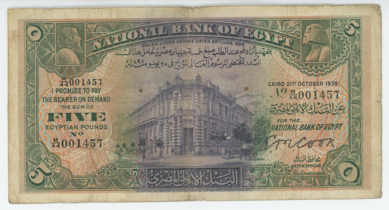 Egypt 5 Pounds 1939
P# 19b, N# 220278; # M/44 001457; Signature Cook; VF+