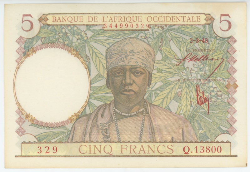 French West Africa 5 Francs 1943
P# 26, N# 268369; # 329 Q.13800; UNC