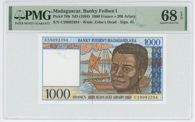 Madagascar 1000 Francs / 200 Ariary 1994 (ND) PMG 68 EPQ
P# 76a, N# 201770; # C...