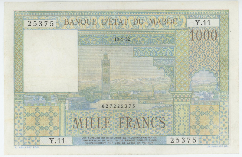 Morocco 1000 Francs 1952
P# 47, N# 243500; # Y.11 25375; XF