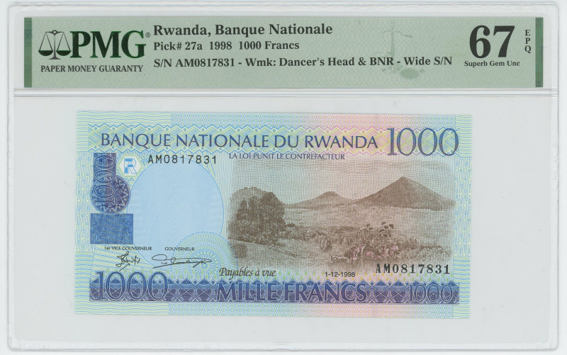 Rwanda 1000 francs 1998 PMG 67 EPQ
P# 27a, N# 221668; # AM0817831; UNC