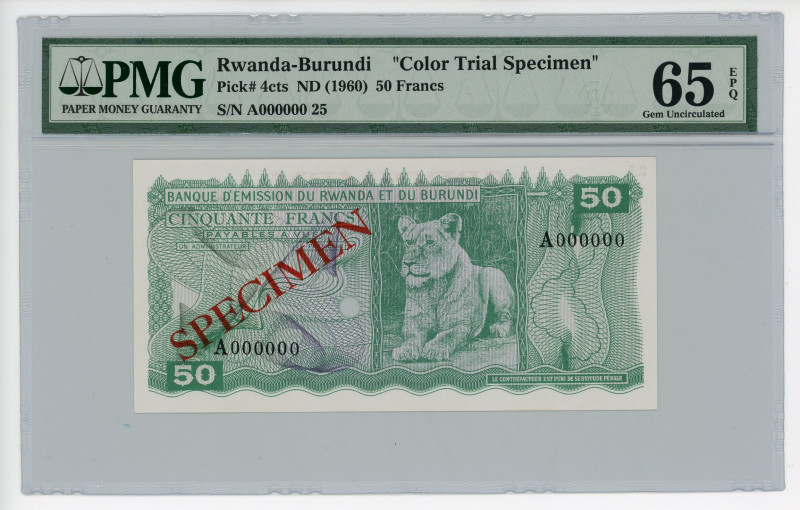 Rwanda - Burundi50 Francs 1960 (ND) Color Trial Specimen PMG 65 EPQ Gem UNC 
P#...