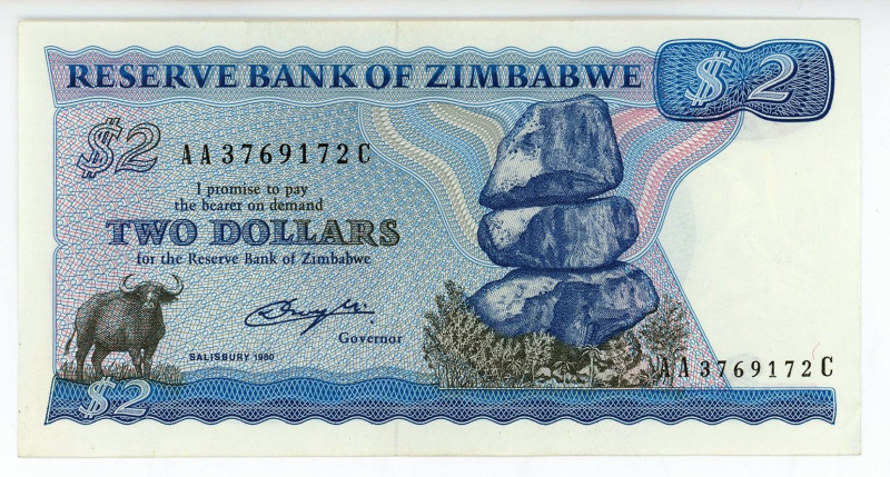 Zimbabwe 2 Dollars 1980
P# 1a, N# 205193; # AA3769172C; UNC