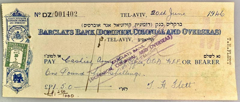 Israel Mandate Palestine Barclays Bank DCO Tel Aviv Branch Check 1946
# 1402; P...