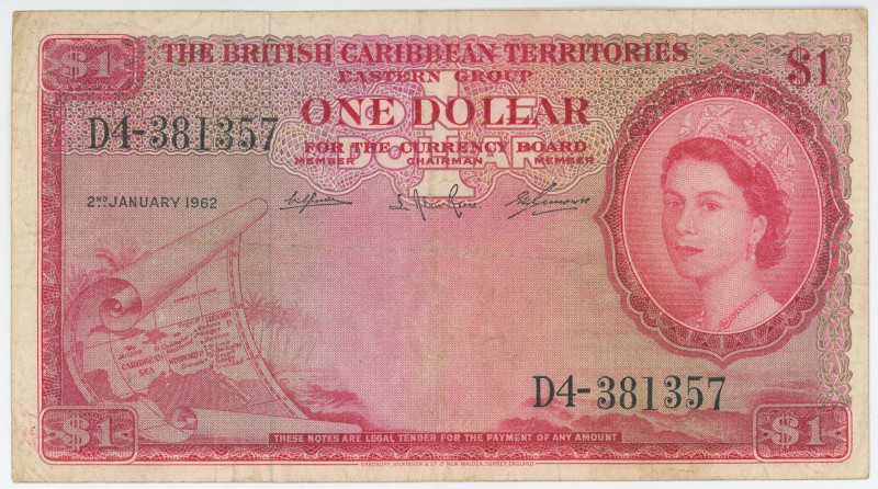 British Caribbean Territories 1 Dollar 1962
P# 7c, N# 223002; # D4-381357; VF