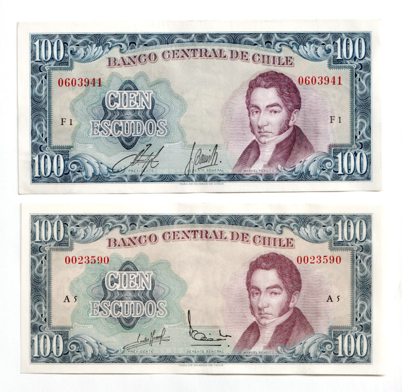 Chile 2 x 100 Escudos 1962 - 1975 (ND)
P# 141, N# 202913; # 0603941 0023590; Si...