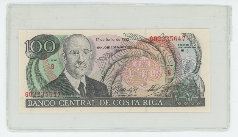 Costa Rica 100 Colones 1992
P# 258a, N# 204561; # G02235647; UNC