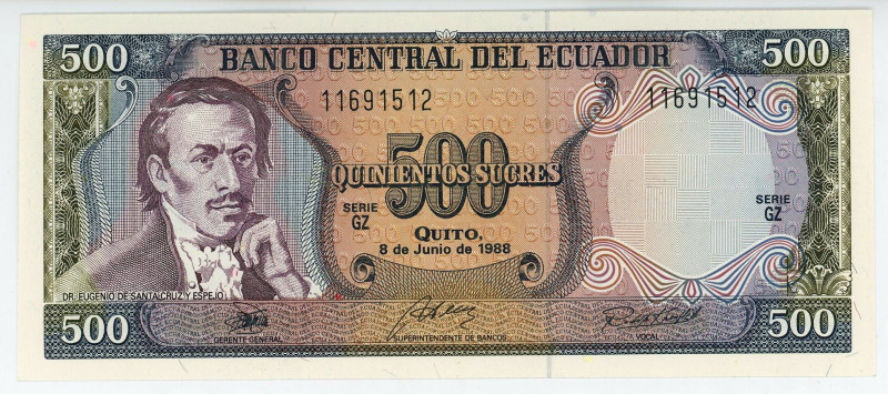 Ecuador 500 Sucres 1988
P# 124Aa, N# 210156; # GZ 11691512; UNC