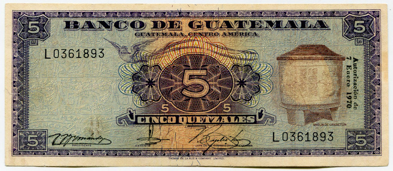 Guatemala 5 Quetzales 1970
P# 53, N# 326463; # L0361893; VF