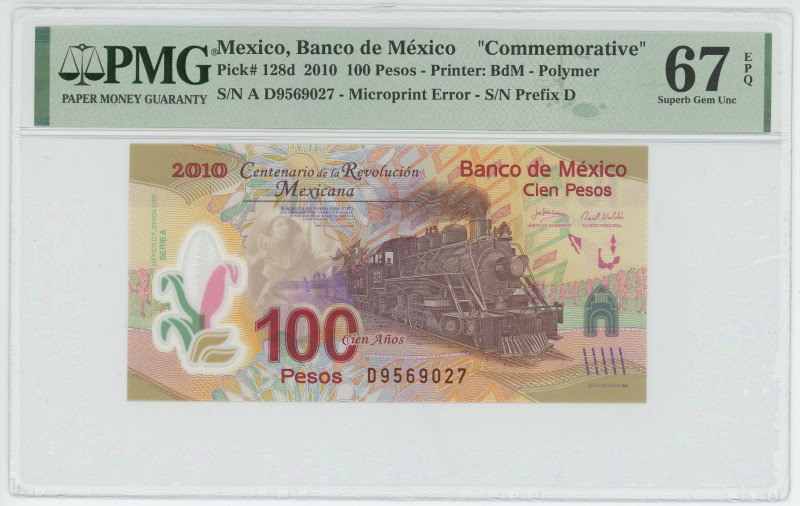 Mexico 100 Pesos 2010 PMG 67 EPQ
P# 128d, N# 212177; # A D9569027; UNC