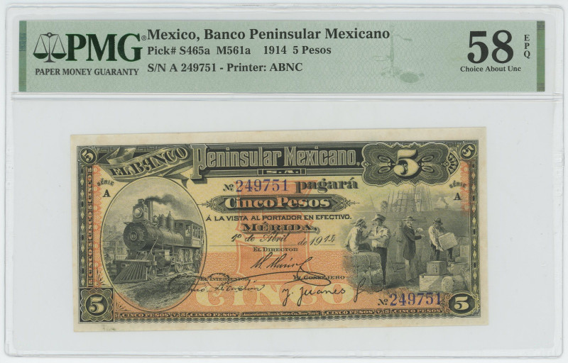 Mexico 5 Pesos 1914 PMG 58 EPQ
P# S465a, N# 226078; # A 249751; UNC