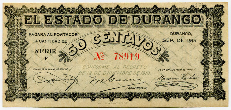 Mexico Estado de Durango 50 Centavos 1915 Estado de Durango
P# S749, # F 78919;...