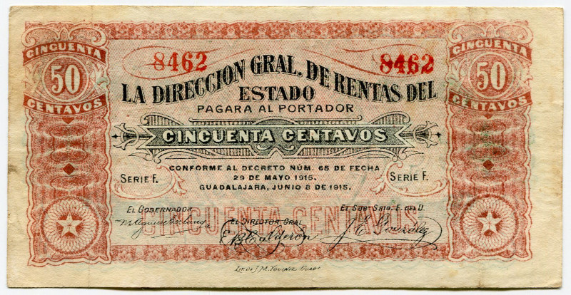 Mexico Estado de Jalisco 50 Centavos 1915 Estado de Jalisco
P# S859, # 8462; VF