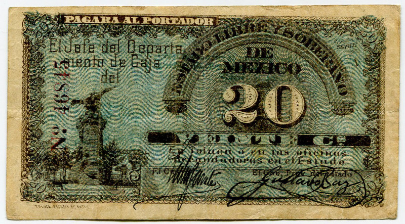 Mexico Estado Libre y Soberano de Mexico, Toluca 20 Centavos 1915 Estado Libre y...