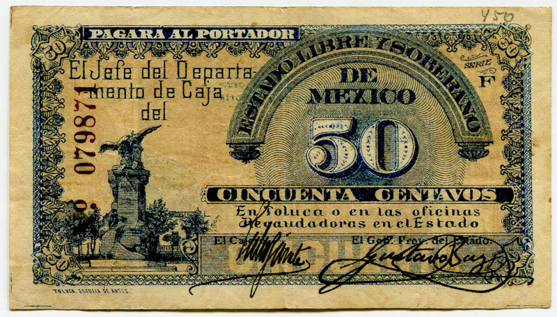 Mexico Estado Libre y Soberano de Mexico, Toluca 50 Centavos 1914 Estado Libre y...