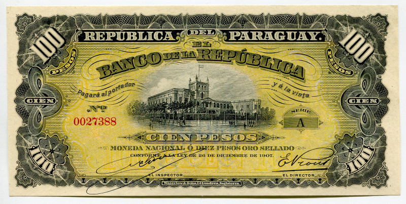 Paraguay 100 Pesos 1907
P# 159, N# 283155; # A 0027388; UNC