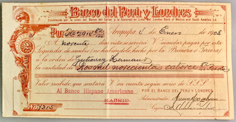 Peru Banco del Peru y Londres Arequipa Bill of Exchange 1904
# 7315; Drawn in A...