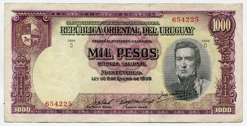 Uruguay 1000 Pesos 1939
P# 41c, N# 235202; # D 654225; VF