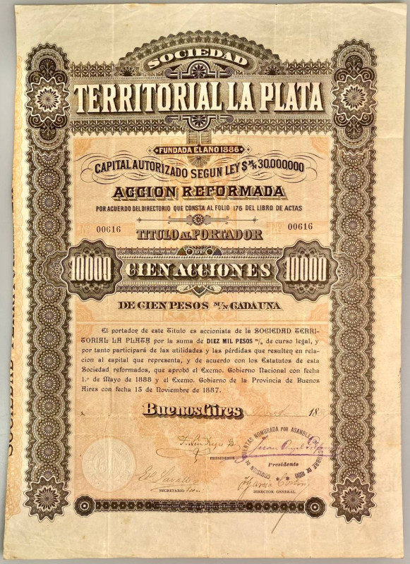 Argentina Sociedad Territorial La Plata Buenos Aires Titulo al Portador de 100 A...