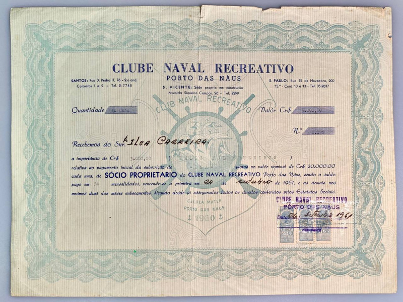 Brazil Clube Naval Recreativo 3000 Cruzeiros 1960
# 1190; VF