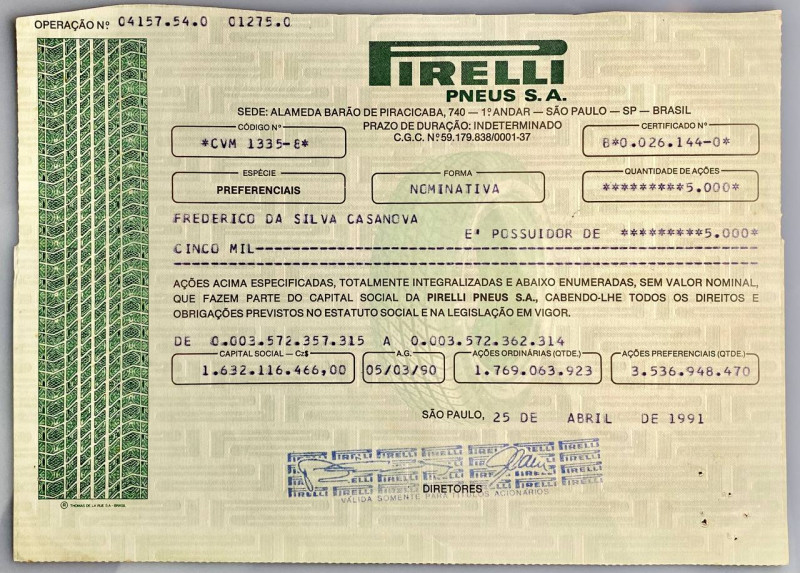 Brazil Pirelli Pneus SA 5 Shares 1991
# 261440; Pirelli plant in Brazil; VF