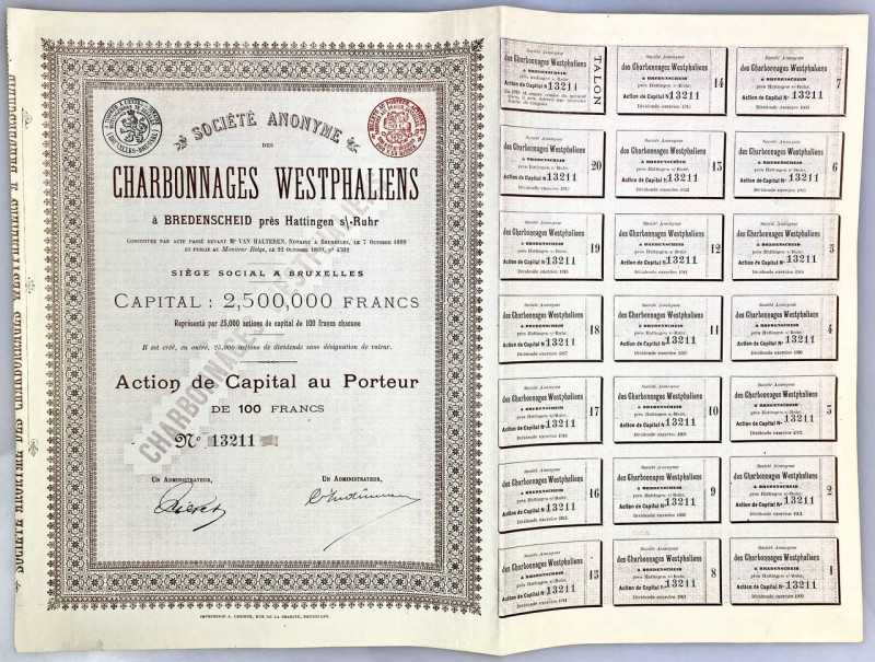 Germany Share of Charbonnages Westphaliens S.A. for 1000 $ 1899
VF