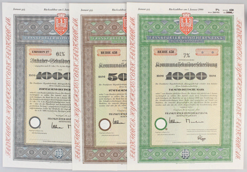 Germany - FRG Lot of 3 Bond of Frankfurter Hypotheken Bank 1984
Cancelled; XF+