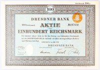 Germany - Third Reich Share of Dresdner Bank for 100 Reichsmark 1933
# 163458; XF