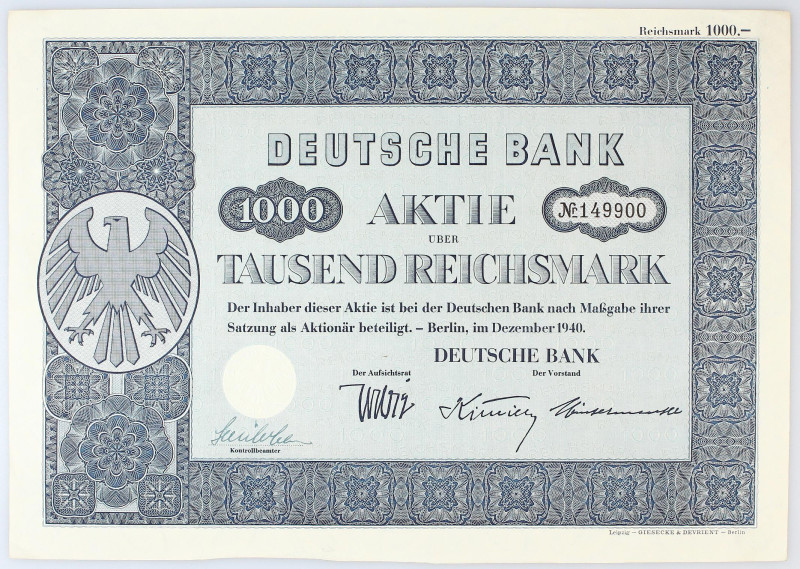 Germany - Third Reich Share of Deutsche Bank for 1000 Reichsmark 1940
# 149900;...