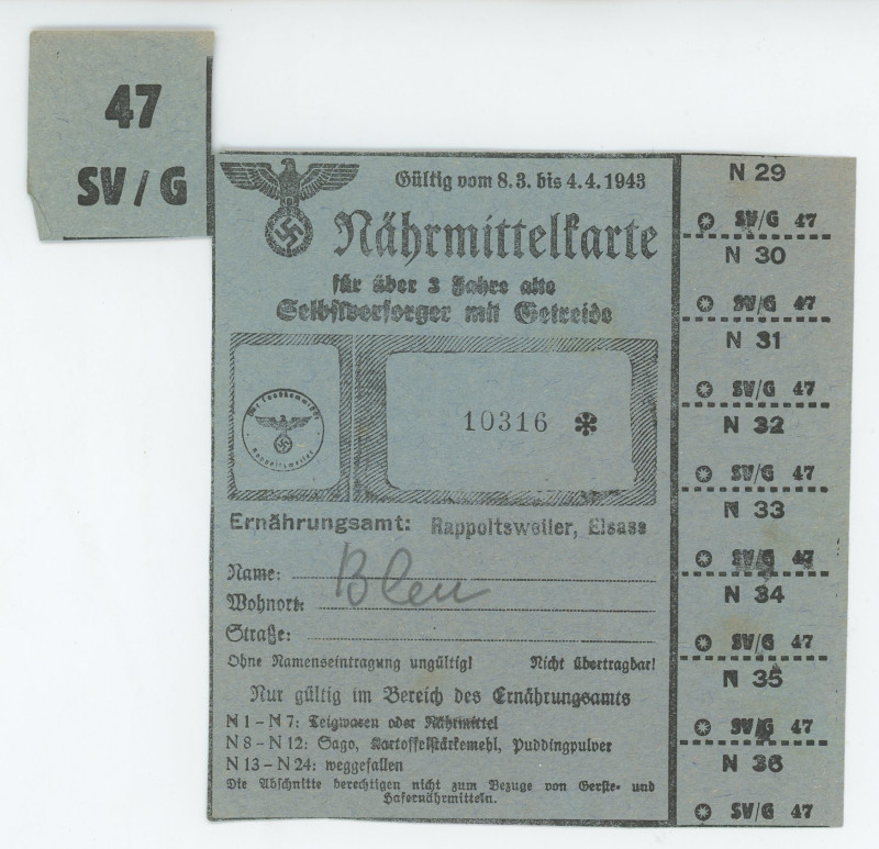 Germany - Third Reich & France Alsage Region (France) Food Coupons 1943
Nährmit...