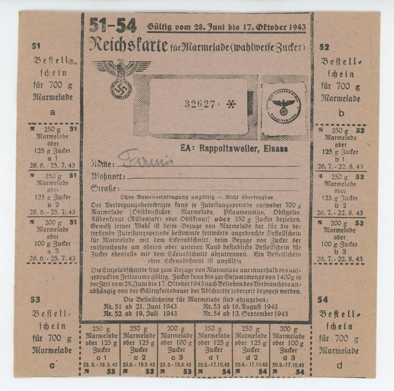 Germany - Third Reich & France Alsage Region (France) Food Coupons 1943
For Jam...