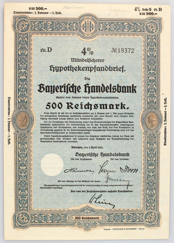Germany - Third Reich Bond 4% of Bayerische Handelsbank for 500 Reichsmark 1945...