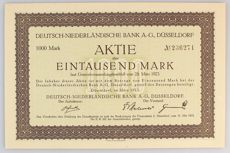 Germany - Weimar Republic Share of Deutsch-Niederlandische Bank in Dusseldorf fo...