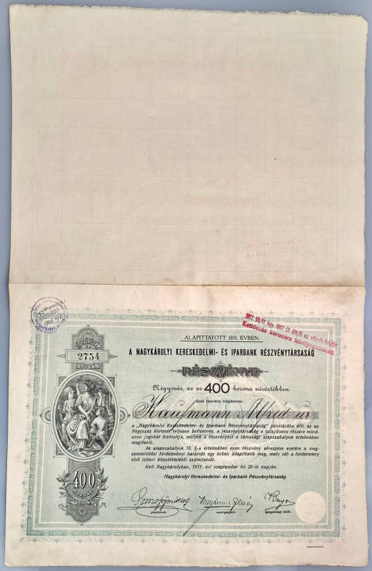 Hungary Romania Nagykárolyi Kereskedelmi és Iparbank, Share for 400 Korona 1911...