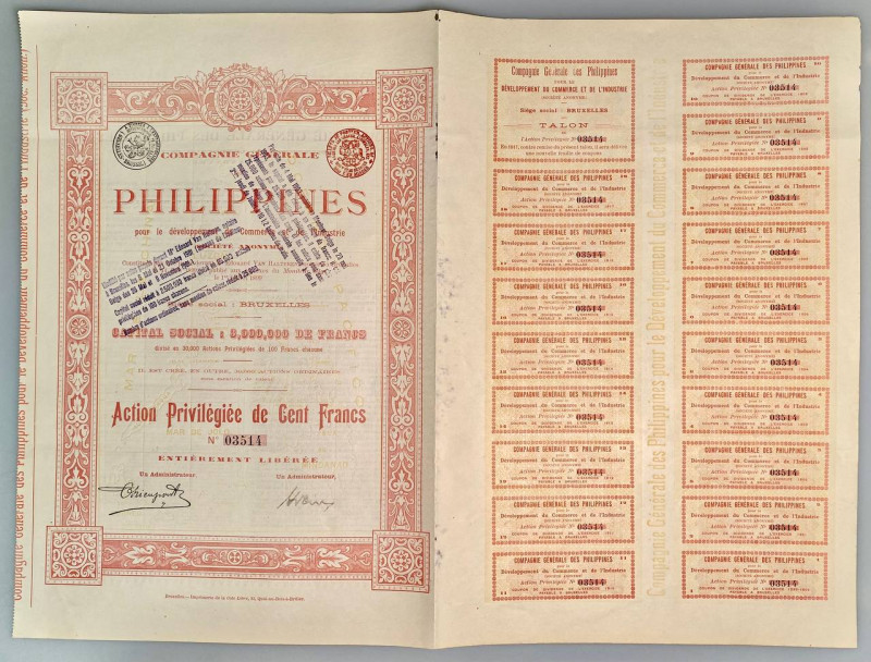 Philippines Compagnie General de Philippines, Preferred Share for 100 Francs nd ...