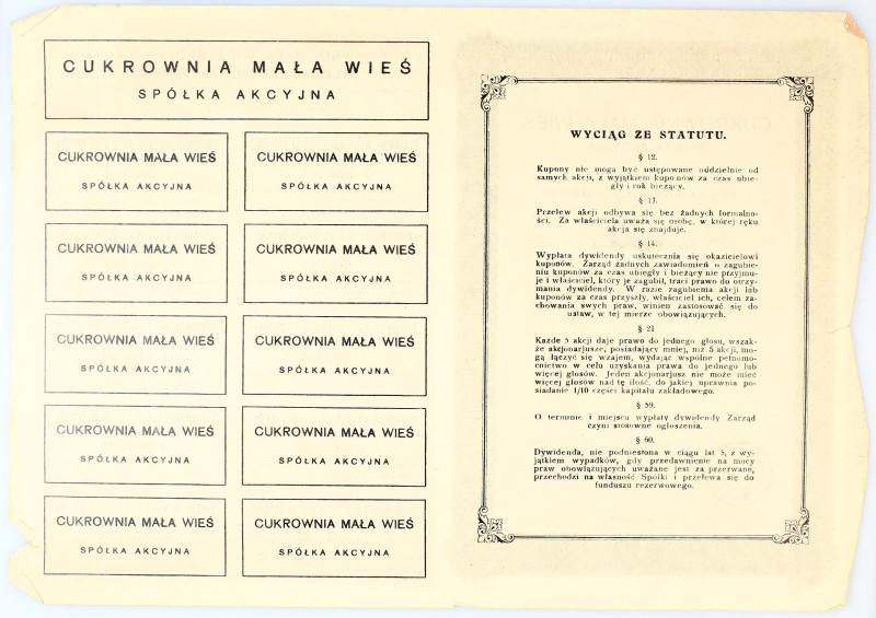 Poland Share of Sugar's Fabric in Mala Wes for 15 Zlotych 1926
# 592; With coup...