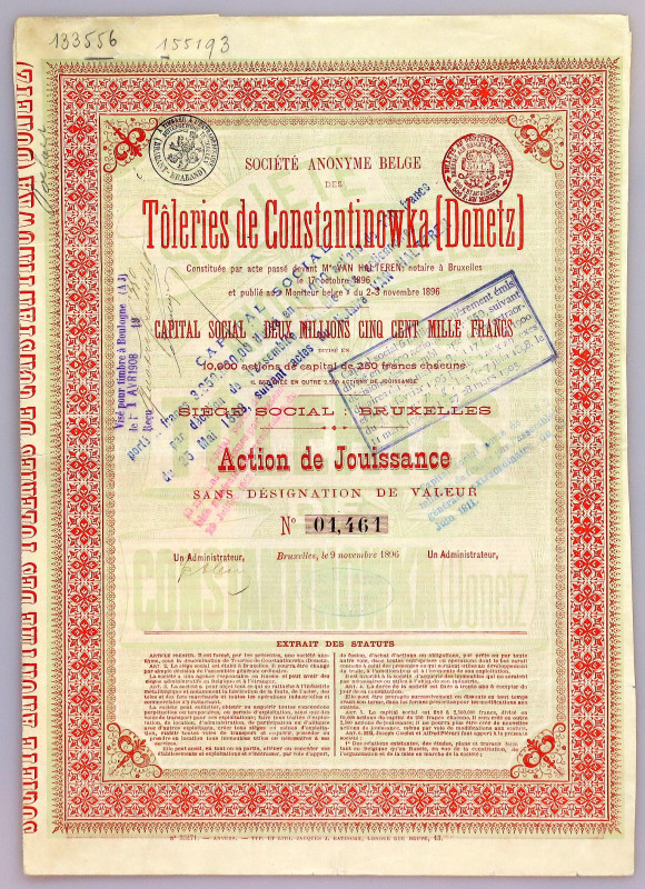 Russia Share of Toleries De Constantinowka (Donetz) S.A. Belge for 100 Roubles 1...