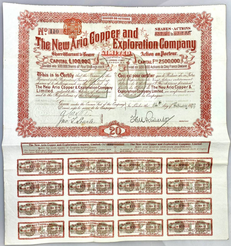 South Africa Share of New Ario Copper & Exploration Company for 100 Francs 1899...