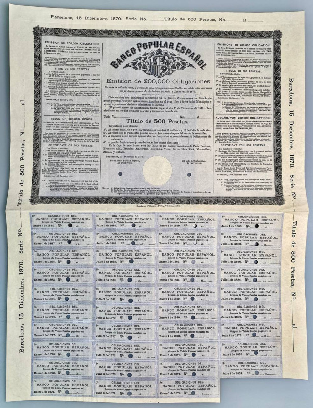 Spain Banco Popular Espanol Barcelona 8% Obligacion de 500 pesetas Specimen 1870...