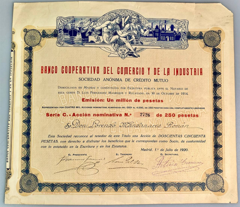 Spain Banco Cooperativo del Comercio y de la Industria Madrid Accion de 250 Pese...