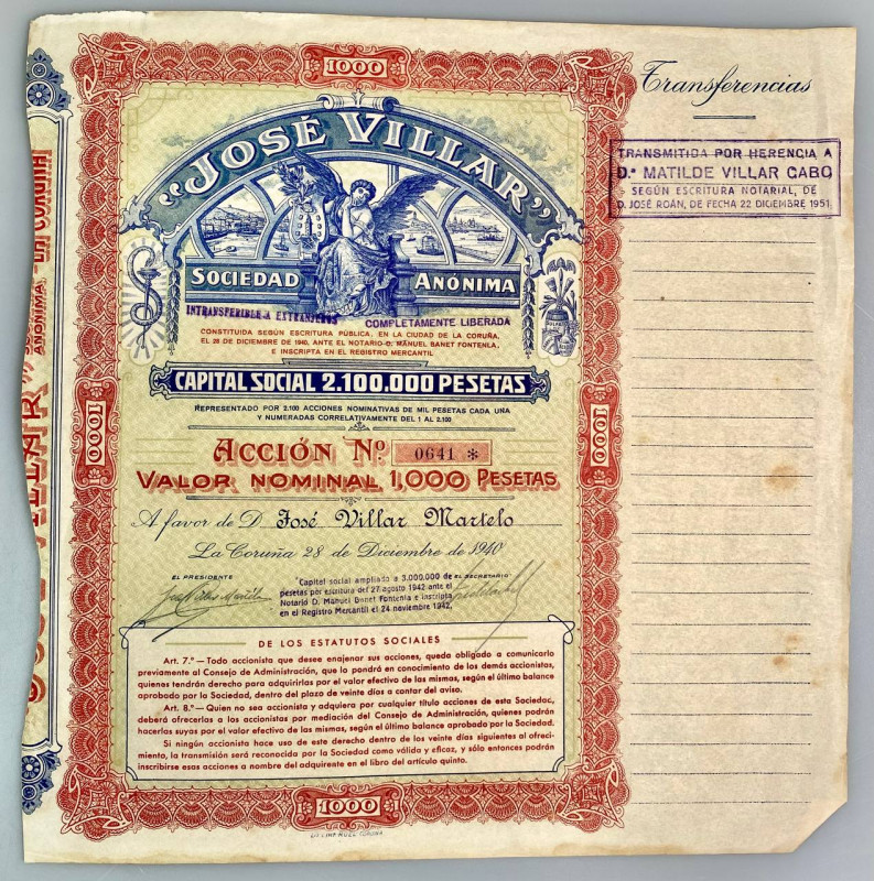 Spain Jose Villar SA Accion de 1000 pesetas La Coruna 1940
# 641; VF