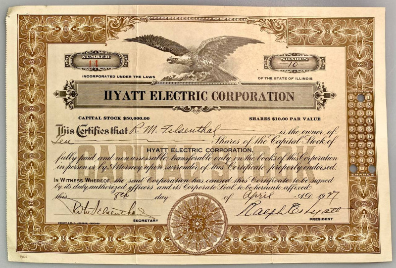 United States Hyatt Electric Corporation, 10 Capital Stocks 1917
# 14; VF