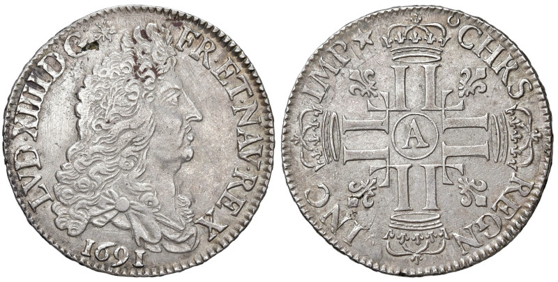 FRANCIA. Luigi XIV (1643-1715). 1/2 Ecu aux 8 L 1691 A (Paris). AG (g 13,29). Ga...