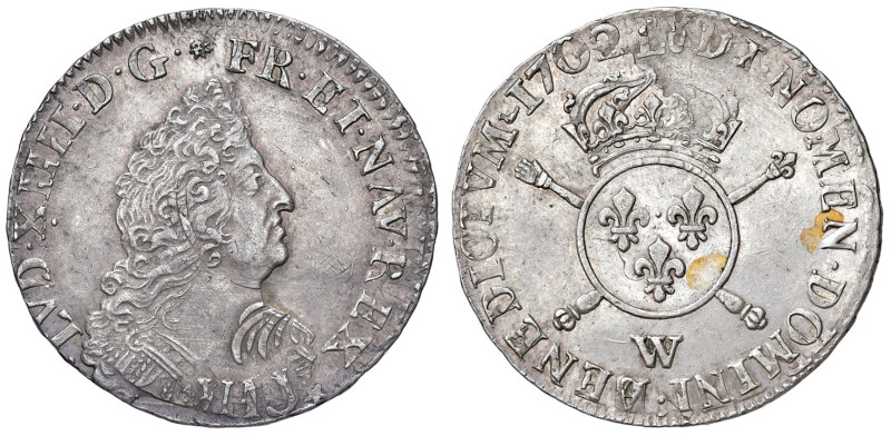 FRANCIA. Luigi XIV (1643-1715). 1/2 Ecu aux insignes 1702 W (Lille). AG (g 13,48...