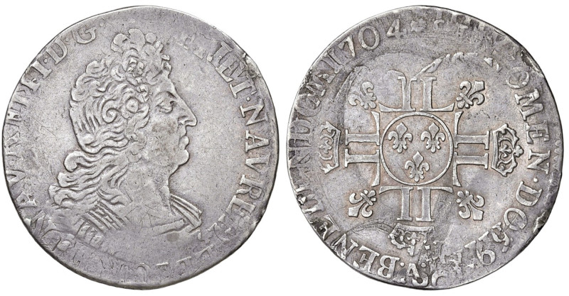 FRANCIA. Luigi XIV (1643-1715). 1/4 Ecu aux 8 L 1704 A (Paris). AG (g 6,49). Gad...
