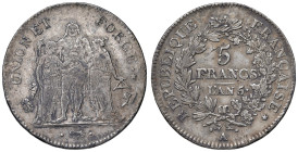 FRANCIA. I Repubblica (1794-1803). 5 Franchi an. 5 A (Parigi). AG (g 25,03). Gad. 563. Tracce di vecchia pulizia.
qBB/BB